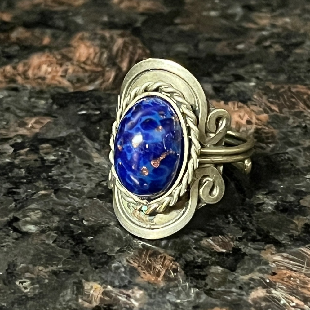 Blue Glass Fake Lapis Lazuli Adjustable Ring Silver Toned  Unique Rustic Detail